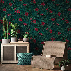 Galerie Wallcoverings Product Code HV41051 - Havana Wallpaper Collection - Green Red Colours - Havana Floral Motif Design